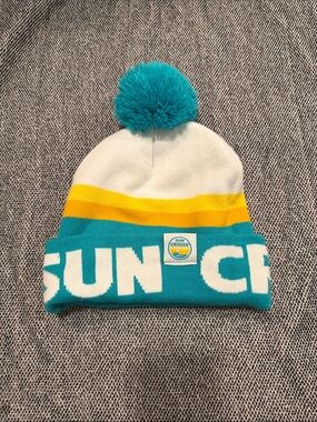 Kids Pom Beanie Hat in Teal, White & Yellow